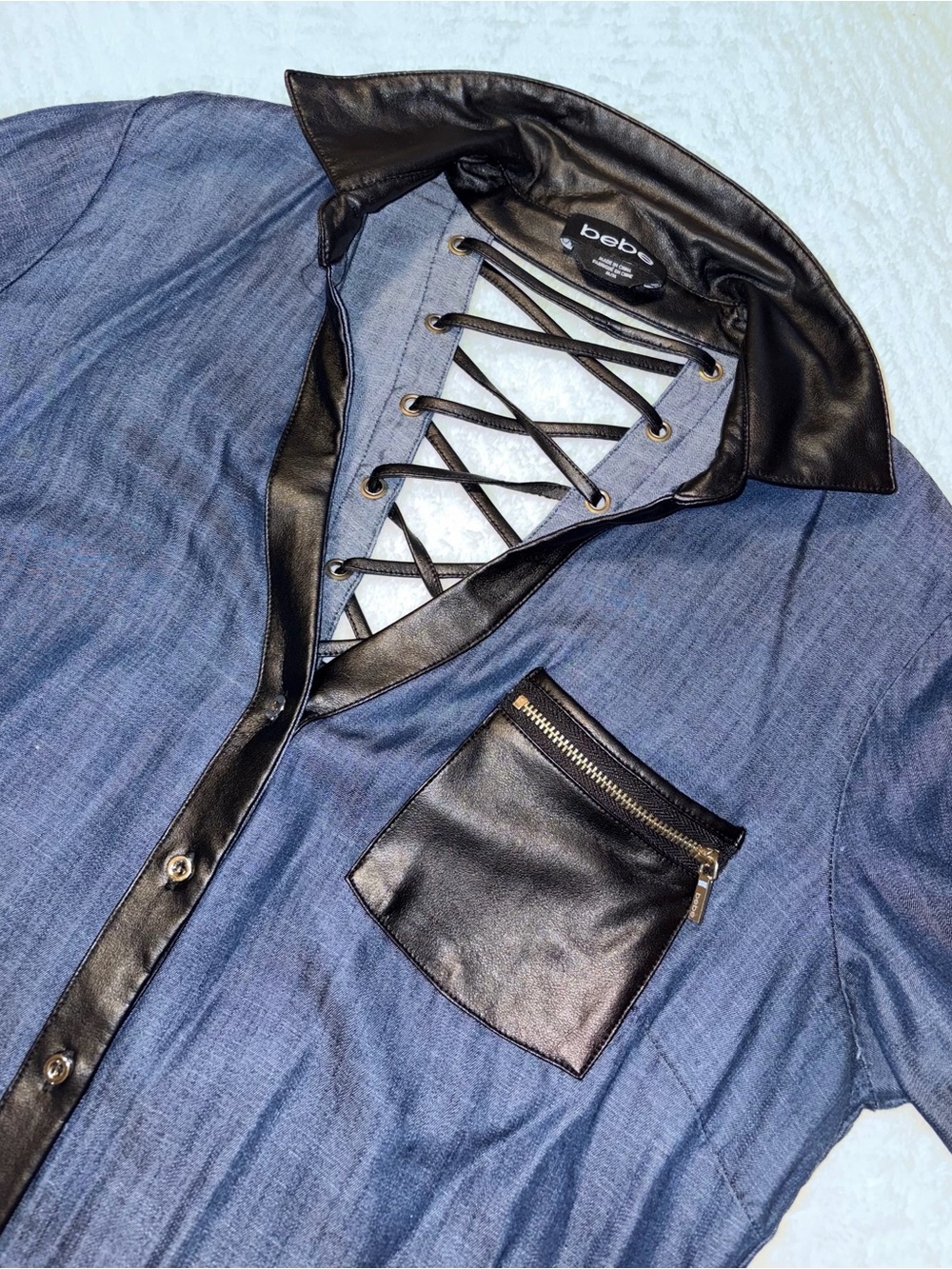bebe Blue Shirt Jacket with Black Faux Leather Trim and Zip Pocket
